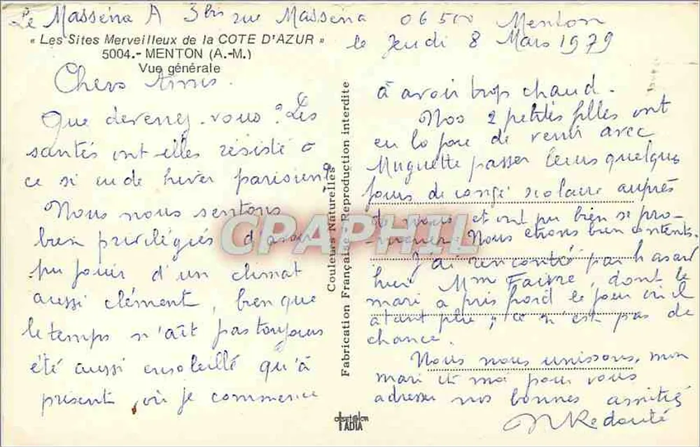 Panoramablick auf Menton — Erinnerung an Menton — Verleger Tabia - Rückseite