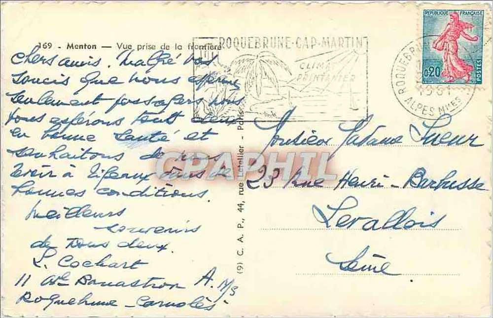 Menton — Vista tirada da fronteira — Roquebrune-Cap-Martin — editor C.P. n°169 - Verso