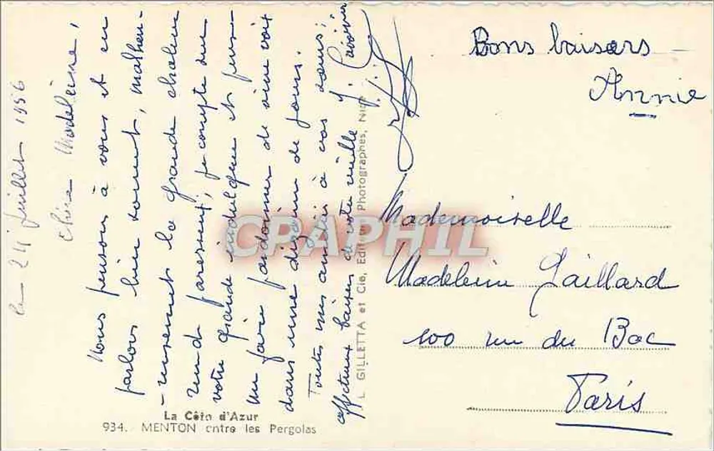 Menton — Vista do lago e do porto — L. Gilletta et Cie, editor, n° 934 - Verso
