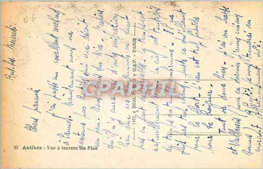 Antibes — Vista através dos Pinheiros — editor REAL-P-O 3 CAP - Verso