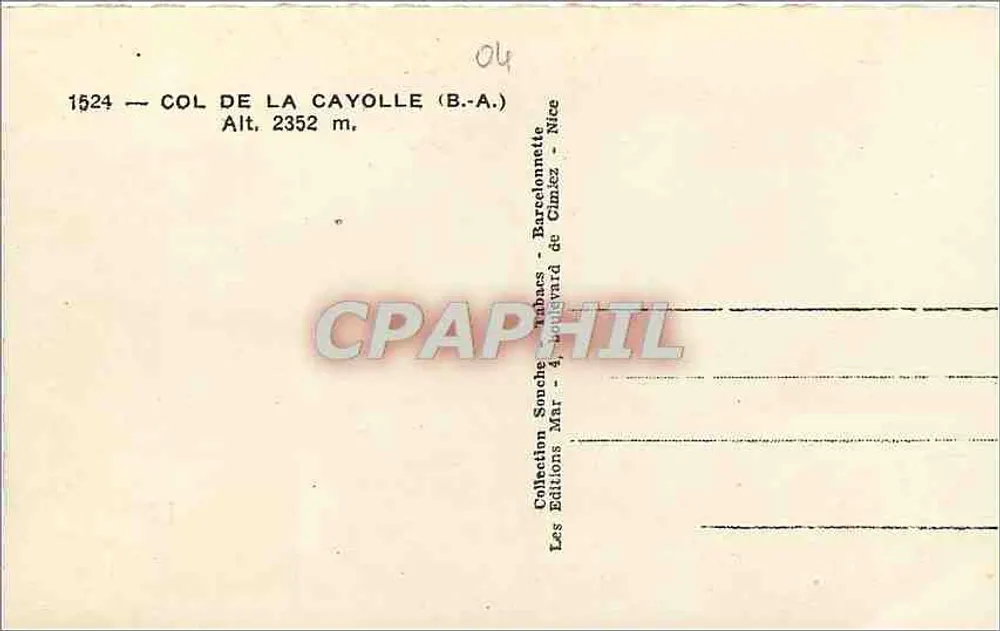 Col de la Cayolle — Alt. 2352 m. — Edições Marignard de Gimez - Verso