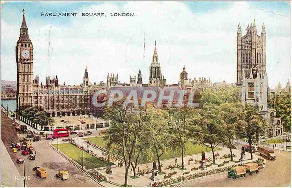 Praça do Parlamento, Londres — vista panorâmica com o Big Ben — Valesque Postcard & Sons Ltd. n° K.919 - Frente