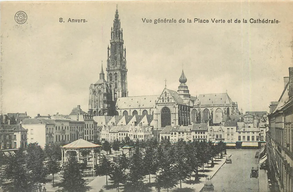 Antwerpen — Allgemeiner Blick auf den Place Verte und die Kathedrale — G. Berhans Antwerpen, Nr. 8 - Vorderseite