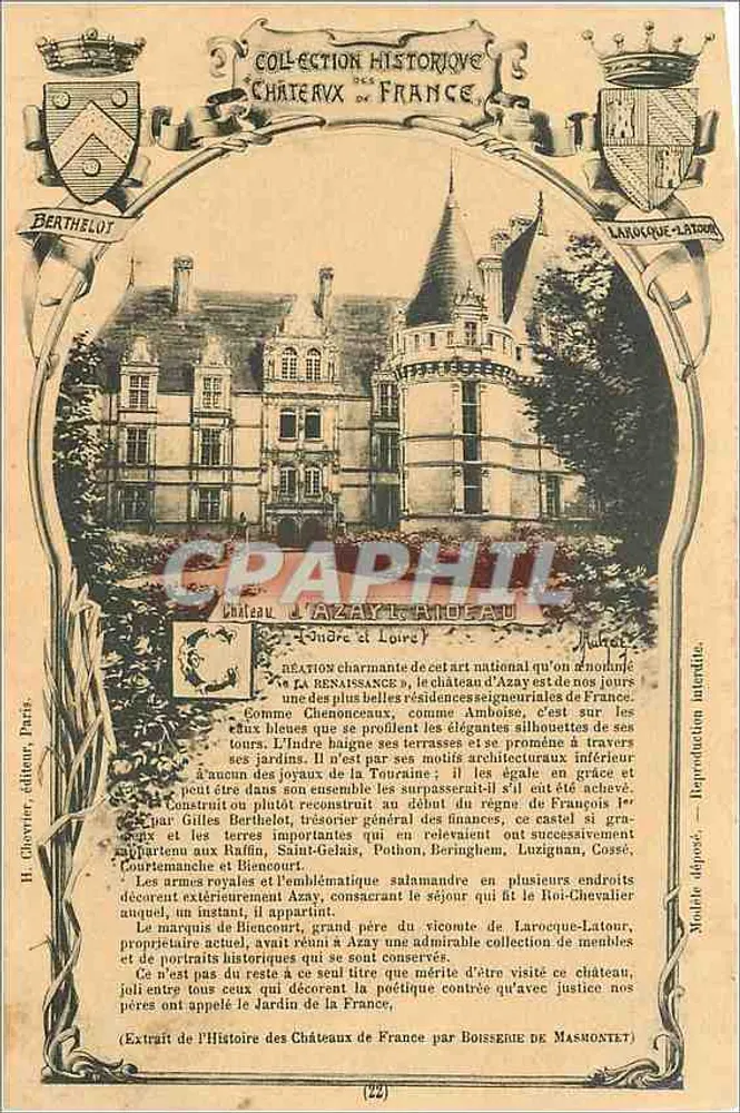 Castelo de Azay-le-Rideau — Coleção Histórica dos Castelos da França — H. Chevret, editor, Paris - Frente
