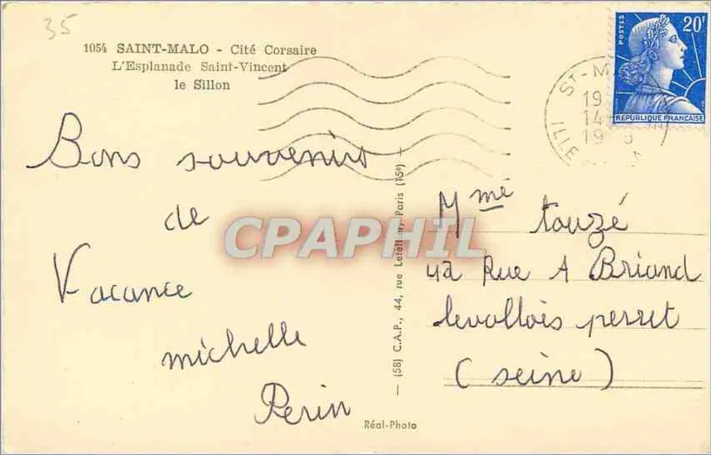 Saint-Malo — Vista da praia e do teatro — C.A.P. n° 1054 - Verso