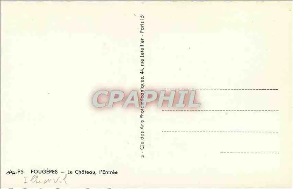 Fougères — El Castillo, la Entrada — Cie des Arts Photographiques, 44, rue Le Tellier, París - Reverso