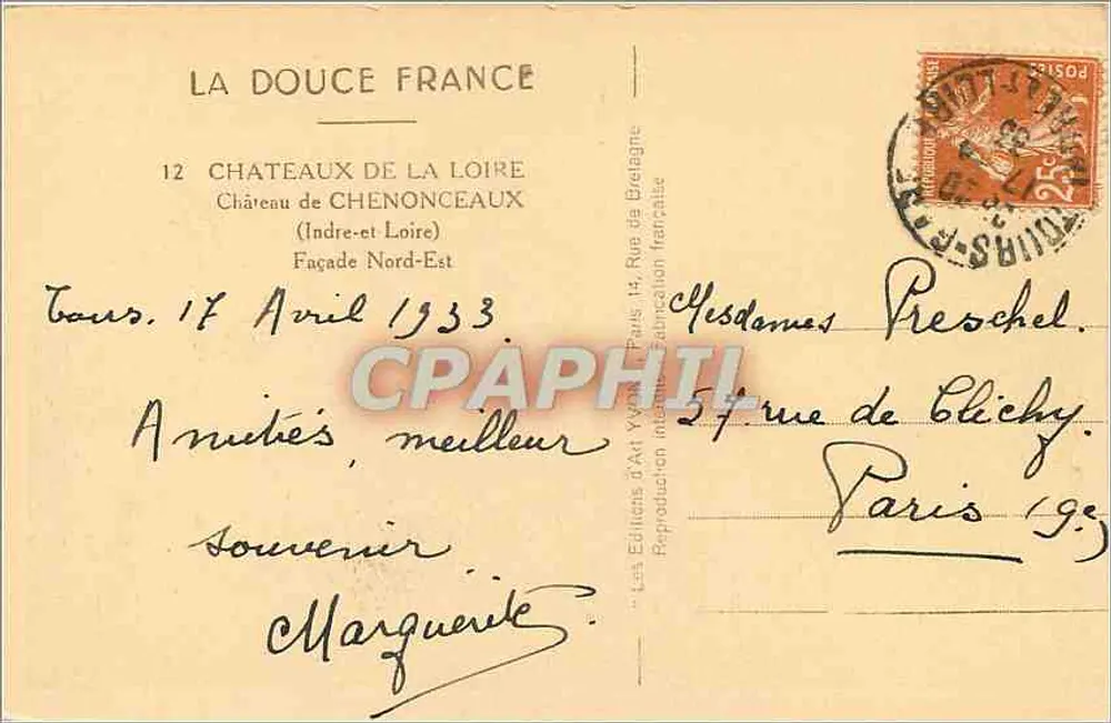 Château de Chenonceau — Façade Nord-Est — Les Éditions d'Art Yvan, 12 Rue de Bretagne, Paris - Verso