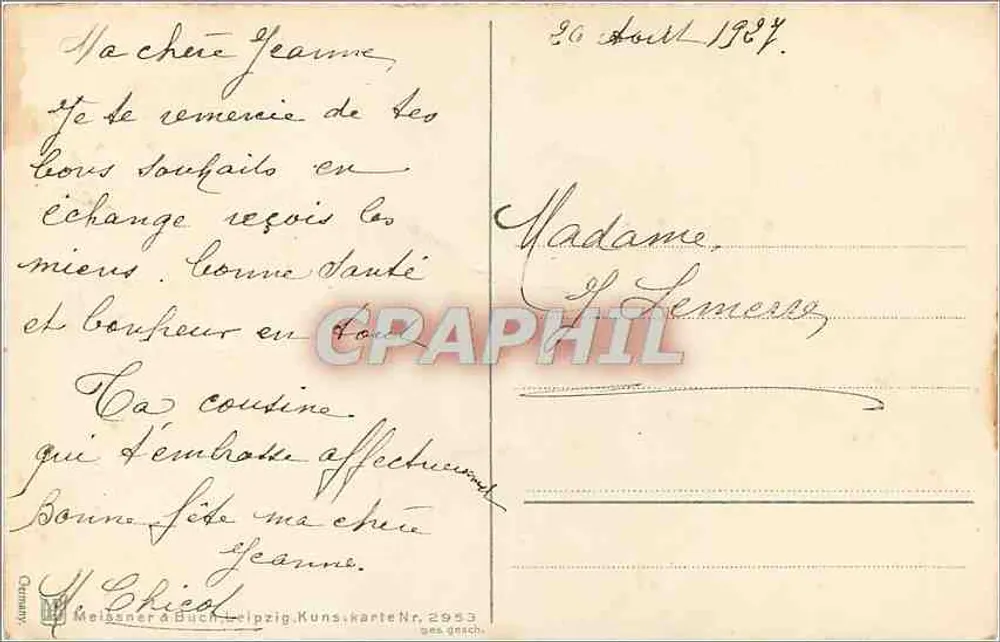 Arranjo de lílias — Boa festa — Meiblner & Buch, Leipzig, n° 2953 - Verso