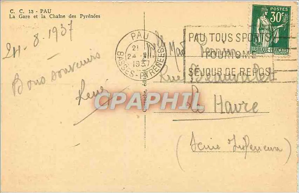 La Gare et la Chaîne des Pyrénées — Pau, Basse-Pyrénées — C.C. 13 - Verso