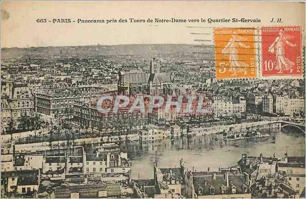 Paris - Panorama vom Turm der Kathedrale Notre-Dame zum Viertel Saint-Gervais — J. H. — Nr. 663 - Vorderseite