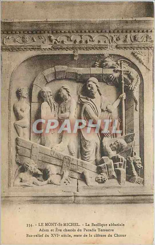 Adam und Eva aus dem Paradies vertrieben — Basrelief des 16. Jahrhunderts, Teil der Chorbegrenzung — Die Abteibasilika, Mont-Saint-Michel - Vorderseite