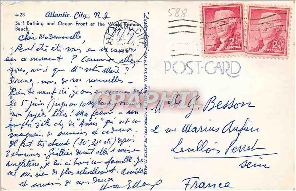 Atlantic City, N.J. — Surf Bathing and Ocean Front at the World Famous Beach — Graphic Arts & Stamp Co. Inc., Boston - Rückseite