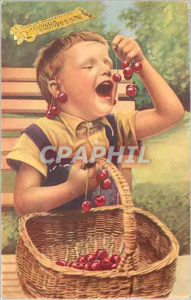 Criança saboreando cerejas — Aniversário — Editor não identificado, número de série não visível - Frente