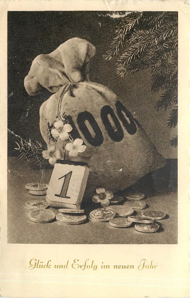 Sac de pièces de monnaie — 1000 — décoré de branches de sapin — texte : Glück und Erfolg im neuen Jahr - Recto