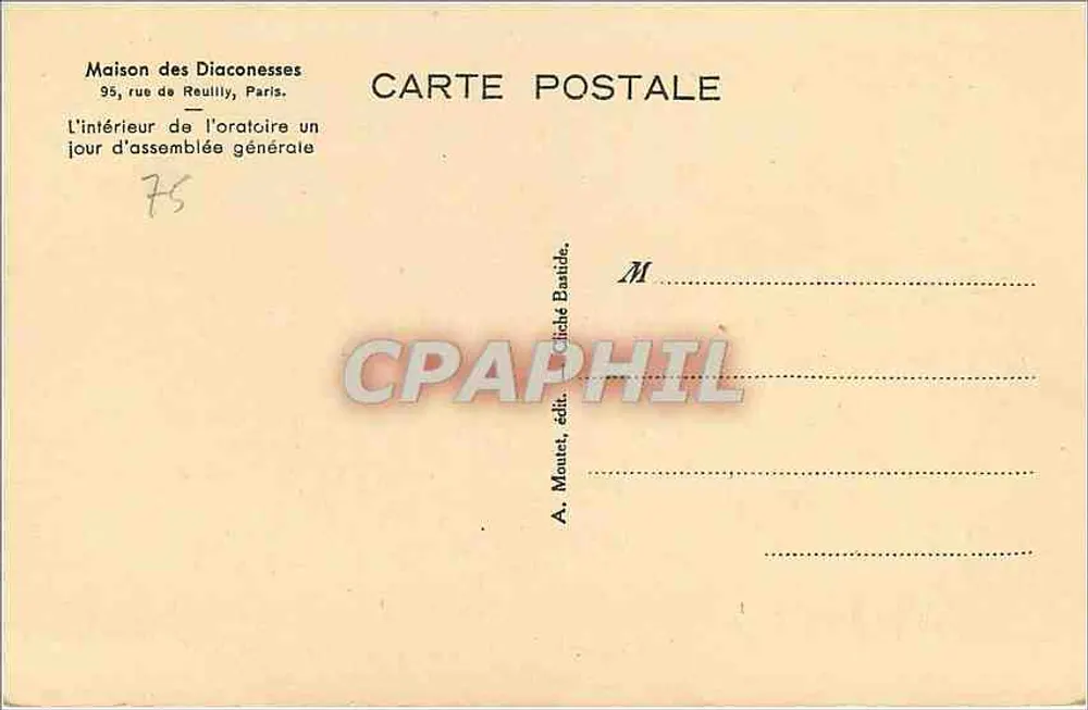 Casa das Diáconas — Interior do oratório em dia de assembleia geral — A. Mouret, edição Cliché Bastide - Verso