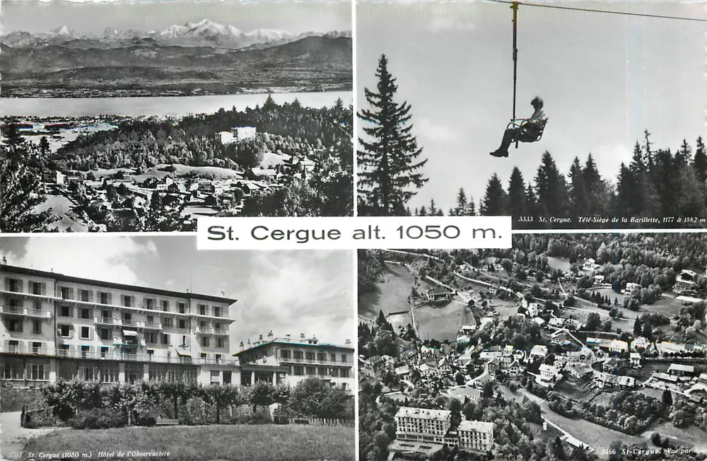 St. Cergue alt. 1050 m. — Vista panorâmica e teleférico — Hotel de l'Observatoire — Editor Linda Color, Genebra - Frente