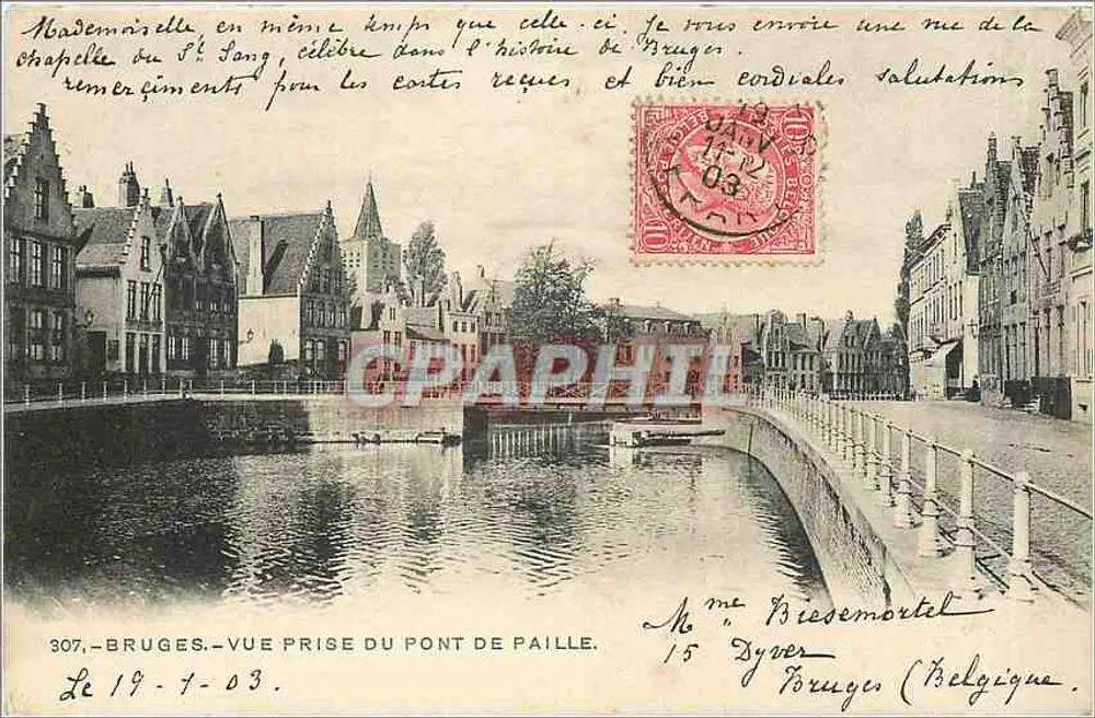 Bruges - Vue prise du Pont de Paille — H.M., Uccle, 1902 - Recto