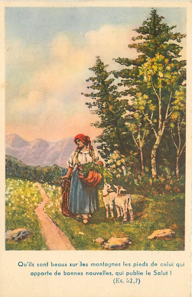 Mulher e cordeiros em um paisagem montanhosa — texto bíblico — editor Écoute 521 - Frente