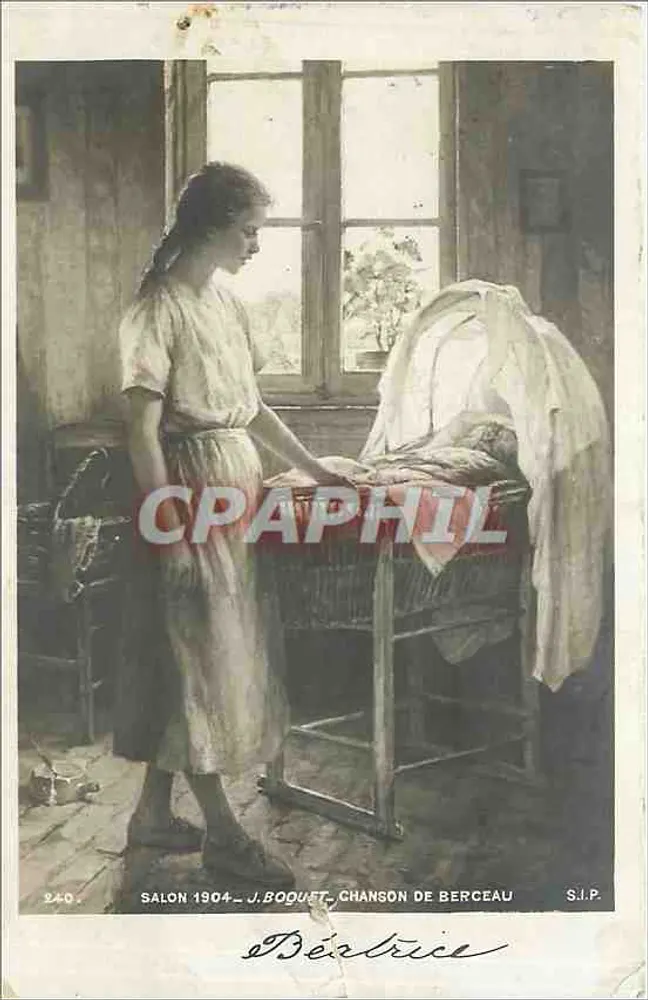 Femme regardant un berceau — scène intérieure — J. BOGUET, CHANSON DE BERCEAU, S.J.P., n° 240 - Recto