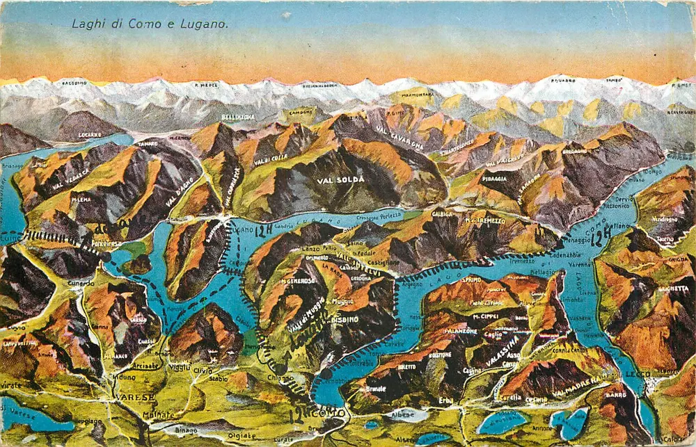लाग्ही डी कोमो ई लुगानो — चित्रित पोस्टकार्ड — अज्ञात प्रकाशक, श्रृंखला संख्या अदृश्य - आगे
