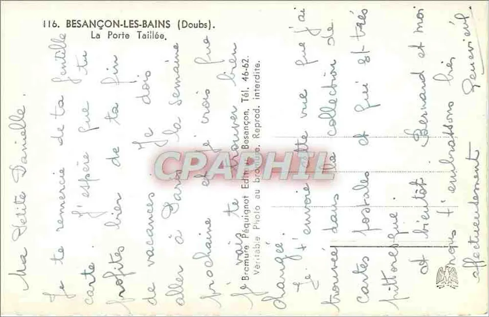 Besançon-les-Bains (Doubs) — A Porta Cortada — Editor Péguingnot, n° 116 - Verso