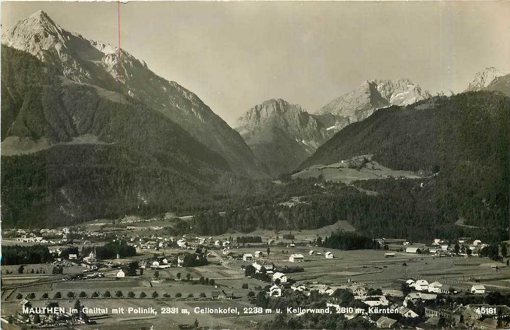 Mauthen im Gailtal — vista panorâmica com picos alpinos — P. Ladermann, Fließbahn 2B - Frente