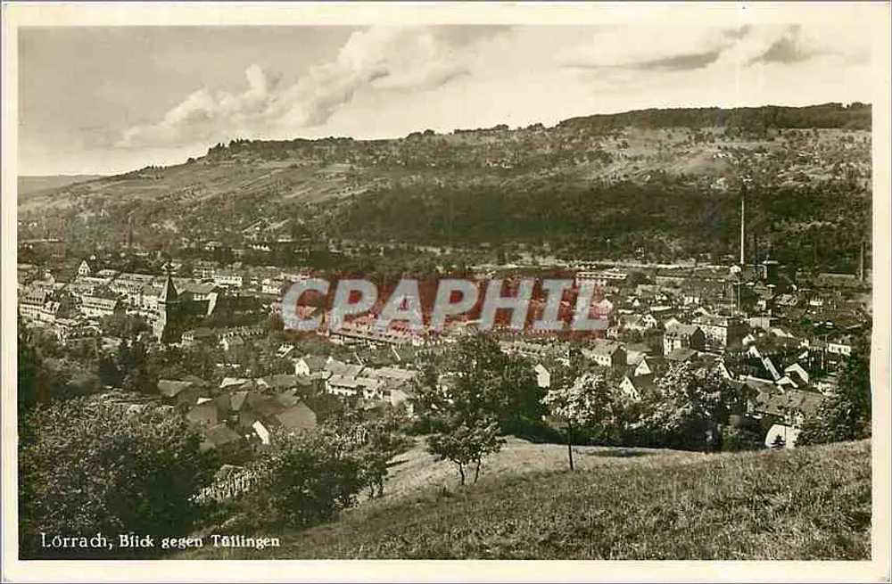 Lörrach, Vista para Tüllingen — vista panorâmica — gravura da cidade e das colinas ao redor - Frente