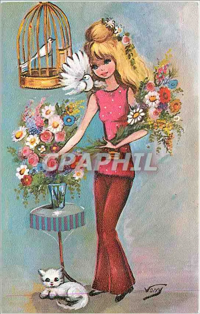 Mulher com buquê de flores e pomba — ilustração de Vanny - Frente