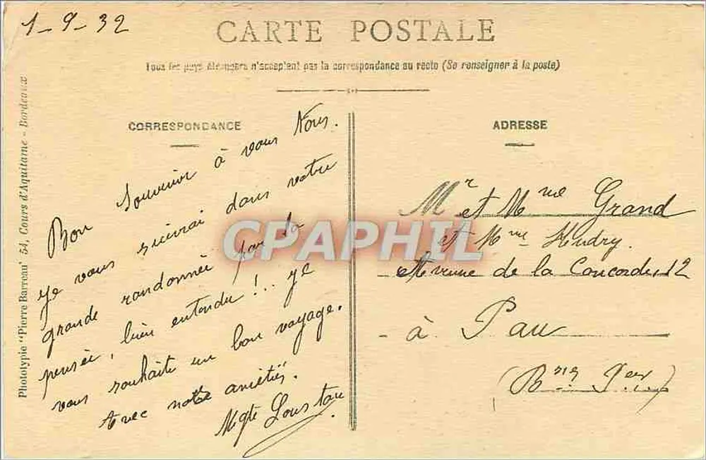 St. CHRISTAU (Basses Pyrénées) — Ansicht des Parks, Reihe der Platane — Phototypie 'Pierre Barreau' n°14 - Rückseite