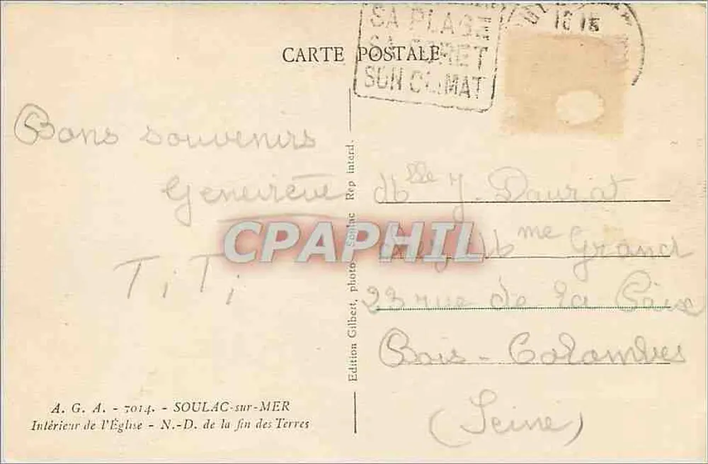 Innenansicht der Kirche — Erinnerung an SoulaC-sur-Mer — Édition Giletz - Rückseite