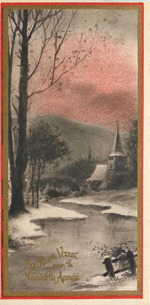 शीतकालीन दृश्य एक चर्च के साथ — 'एक नई वर्ष के लिए हजार अच्छे इच्छाएं' — अज्ञात प्रकाशक - आगे