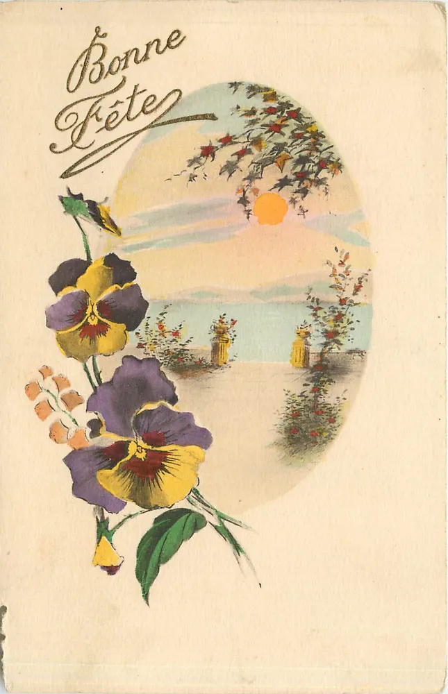 Paisagem marítima com flores — Boa Festa — M.G.A. n°718 - Frente