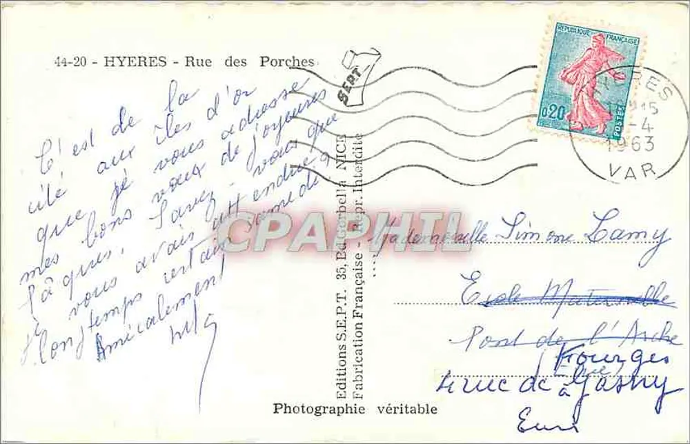 Hyères - Rue des Porches — vista sob arco — Edições S.E.P.T. Francesa - Verso
