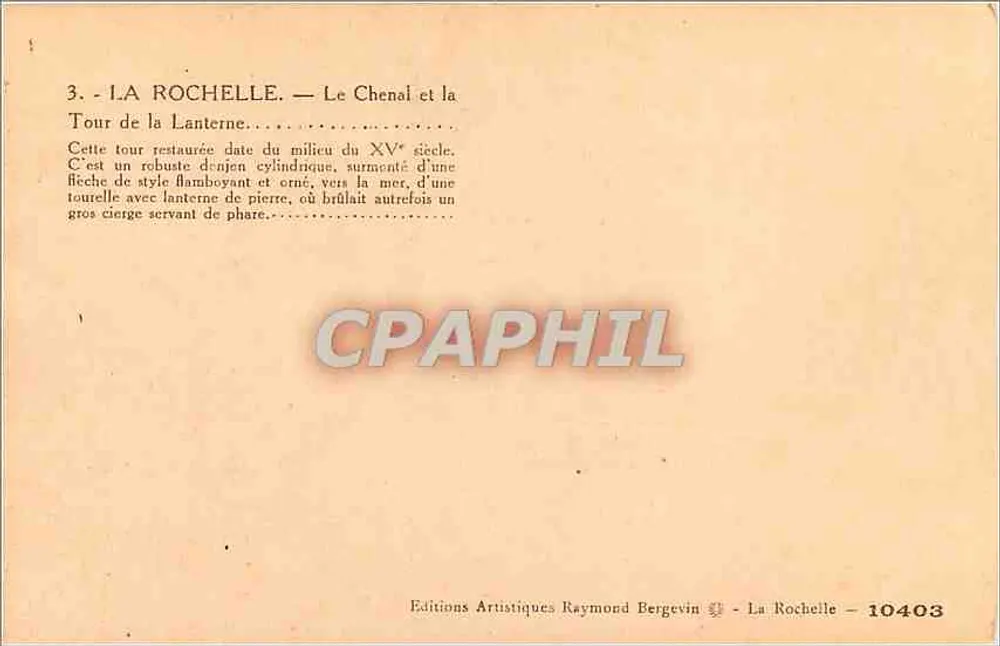 La Rochelle — Der Kanal und die Leuchtturm-Turm — Editions Artistiques Raymond Bergevin - Rückseite