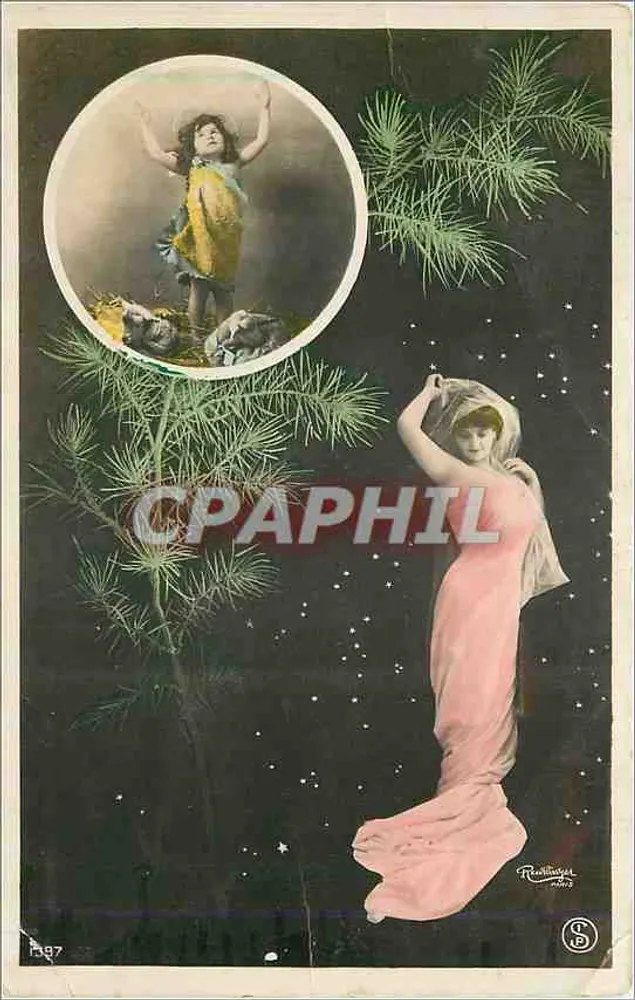 Donna in abito rosa e bambino nella luna — illustrazione artistica — René Rindtlinger, n° 267 - Recto