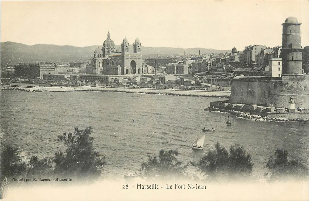 Marselha - O Forte St-Jean — vista do porto com a basílica — Fototipia E. Lacour - Marselha, n°28 - Frente