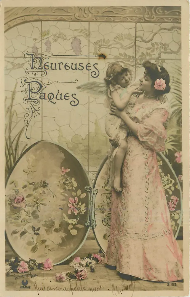 Mulher segurando uma criança — Felizes Páscoas — Le Narmand, Paris, n°3.103 - Frente