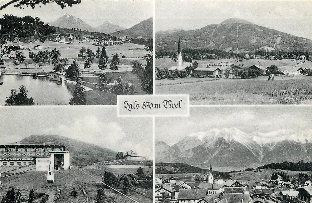 Läls 870 m Tirol — vista panorâmica com lago, igreja, estação de teleférico e montanhas nevadas — editor Monobranchen & Co. - Frente
