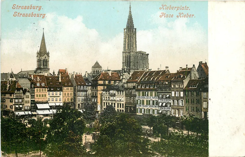 Strasburg — Place Kleber — widok panoramiczny z katedrą i statuą Klebera - Awers