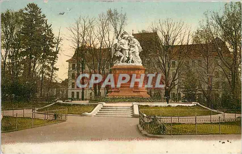 Bâle - Monumento de Strassburg — estátua monumental sobre pedestal, jardim e edifícios em segundo plano - Frente