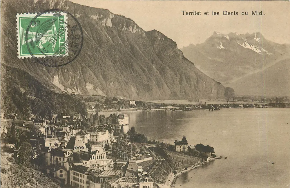 Territet e as Dentes do Meio-dia — vista lacustre — Ed. Fot. Franco-Suíça, S.L. Nr. 129 - Frente