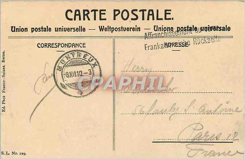 Territet e as Dentes do Meio-dia — vista lacustre — Ed. Fot. Franco-Suíça, S.L. Nr. 129 - Verso