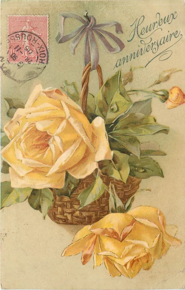 Arranjo de rosas amarelas — aniversário — K. T. Éditeurs, Paris, Série 1908 - Frente