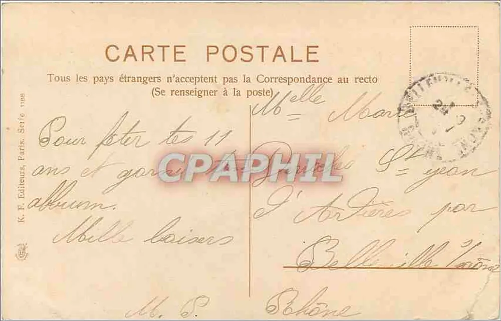 Arranjo de rosas amarelas — aniversário — K. T. Éditeurs, Paris, Série 1908 - Verso