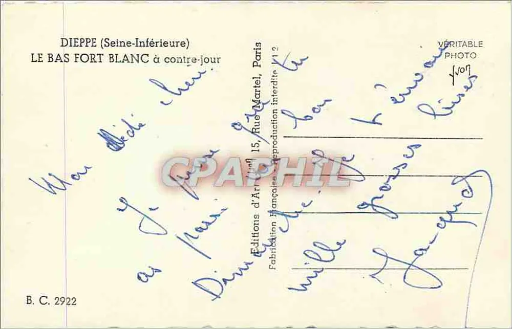 Der Bas Fort Blanc im Rücklicht — DIEPPE (Seine-Inférieure) — Éditions d'Art Martel, Paris - Rückseite