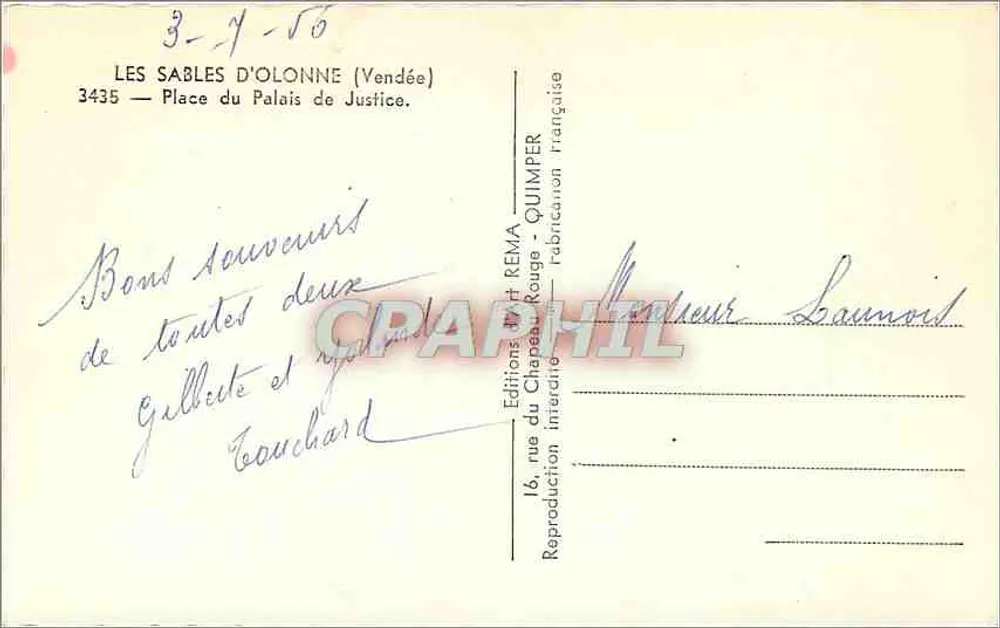 Les Sables-d'Olonne — Place du Palais de Justice — Éditions RÉMA - Verso