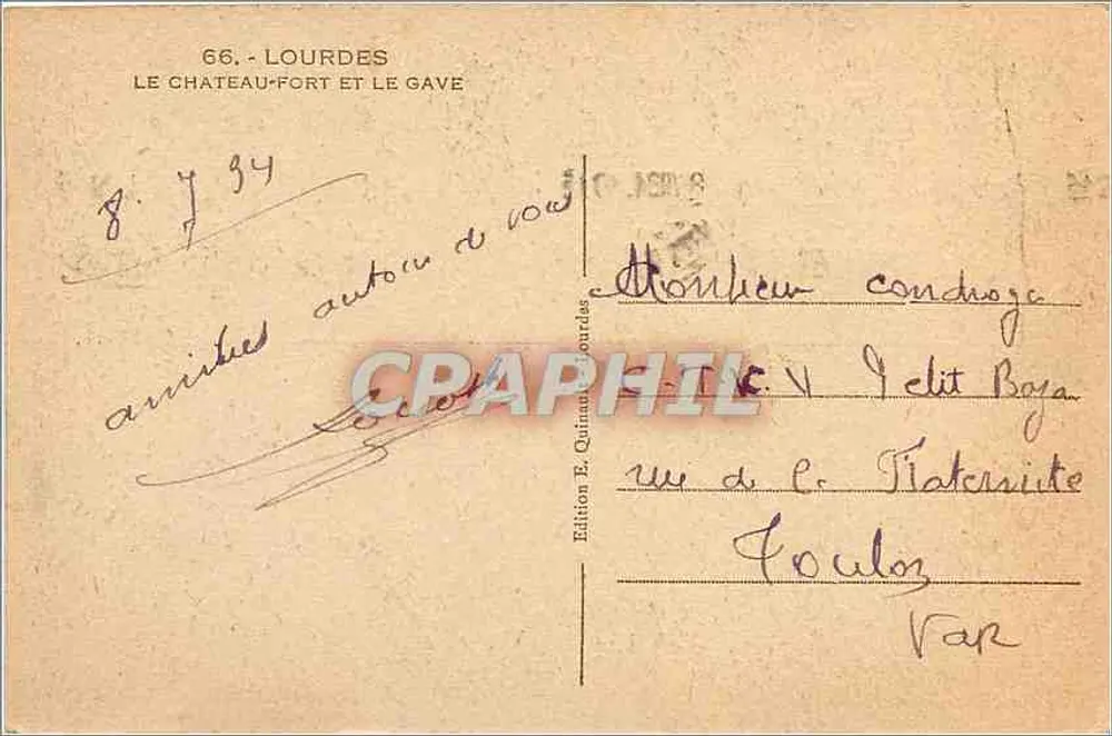 Lourdes — Le Château-Fort et le Gave — Édition E. Quinault, Lourdes - Verso