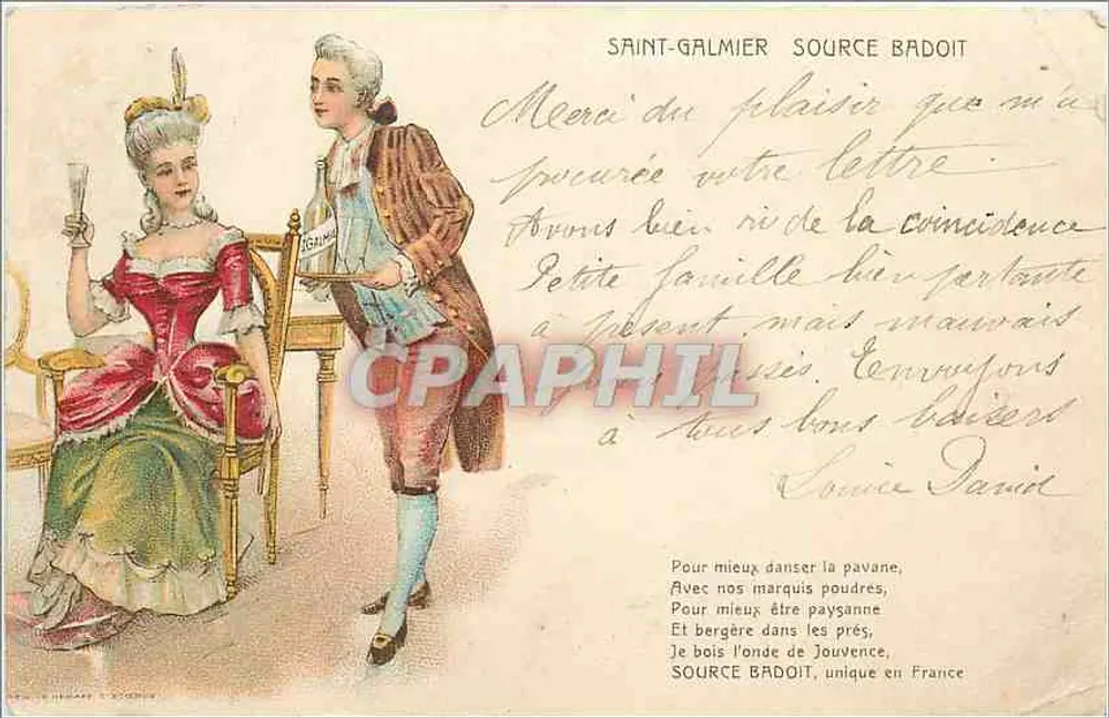 Źródło Badoit w Saint-Galmier — scena tańca w strojach epokowych — wydawca Source Badoit - Awers