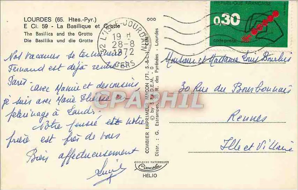 Lourdes (65) - A Basílica e a Gruta — Impressor Micon, n° 000 - Verso
