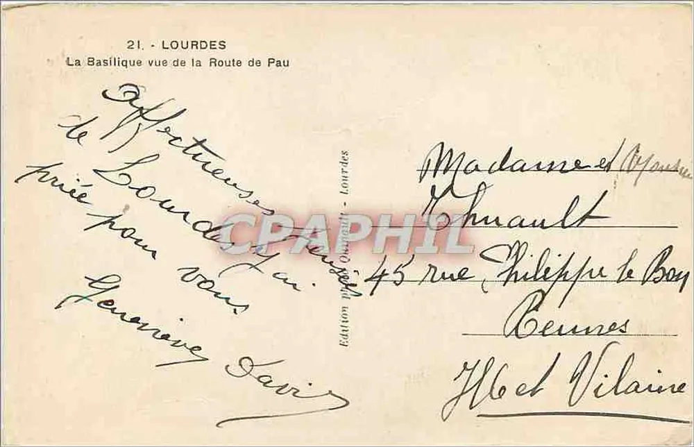 Lourdes — La Basilique vue de la Route de Pau — Édition V. Ouvrard - Lourdes - Verso